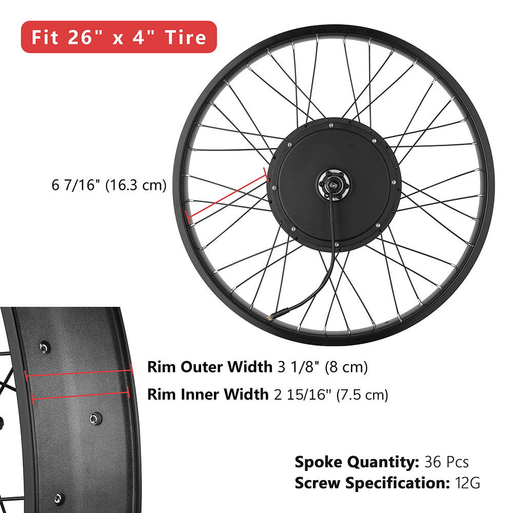 Yescom 26 Electric Bicycle Motor Front Wheel Fat Tire Kit 48v 1000w