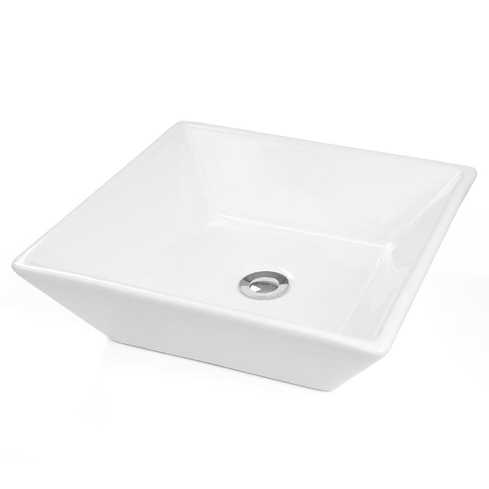 Aquaterior 16 Square Porcelain Bathroom Sink Vanity Vessel w/ Drain