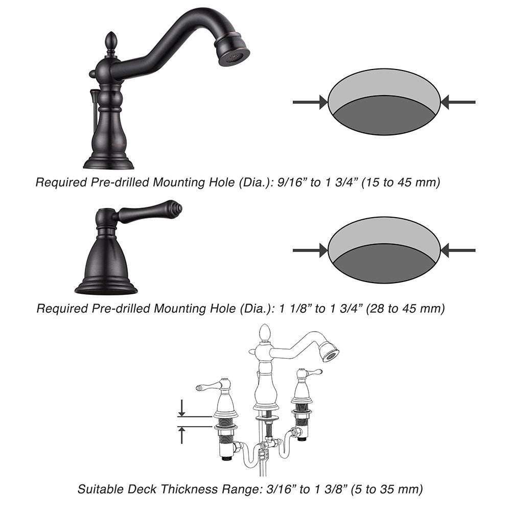 Aquaterior Widespread Faucet w/ Drain 3-Hole 2-Handle Cold Hot 6H