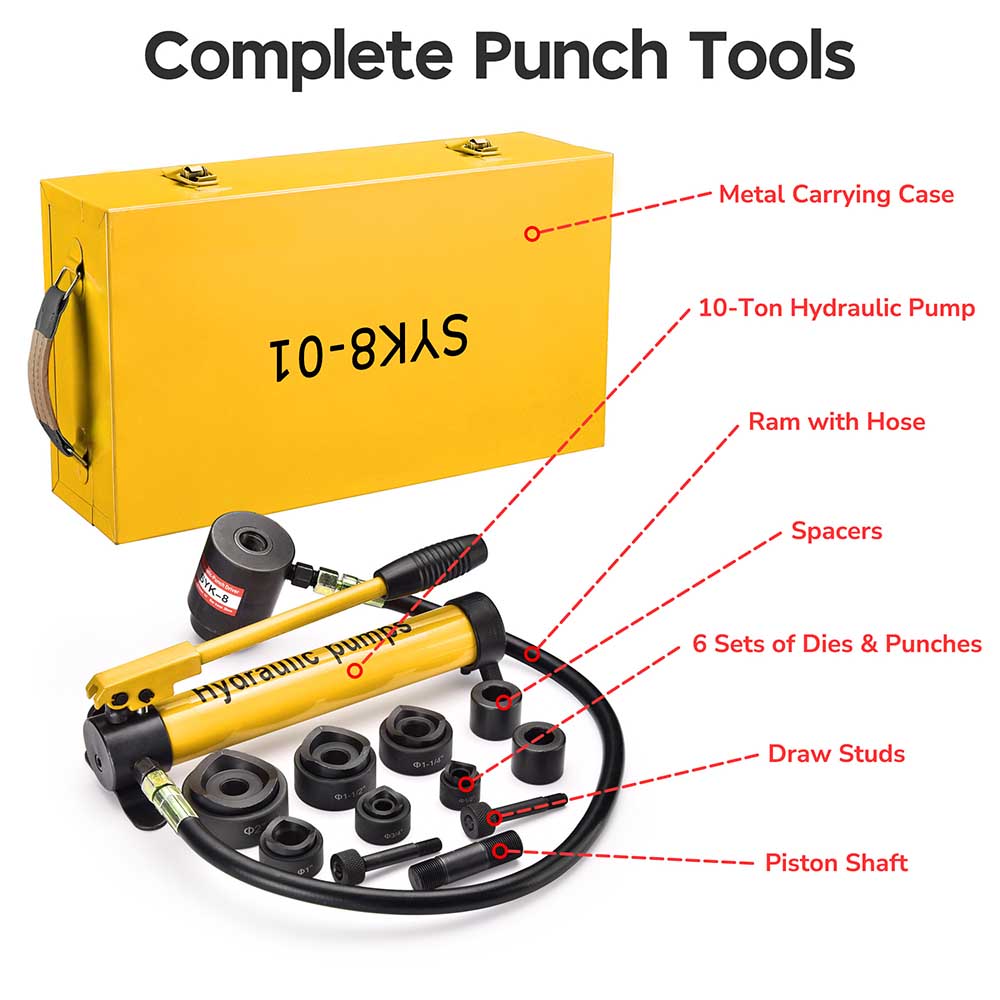 Yescom 10 Ton Hydraulic Punch Press w/ 6 Piece Tool Kit Yellow