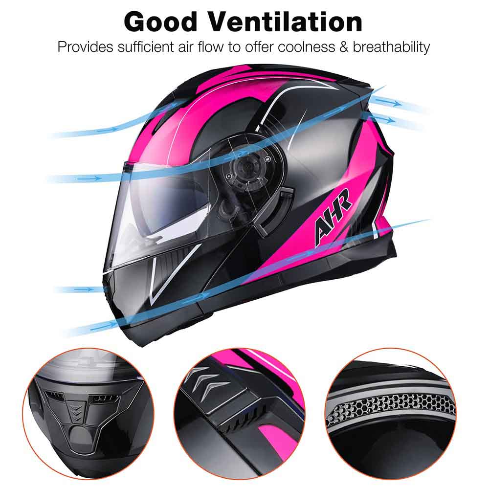 AHR RUN-M3 Modular Helmet Flip Up DOT 2-Visors Black Pink