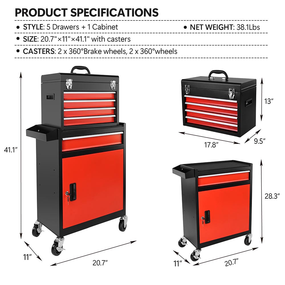 Yescom Rolling Tool Chest Combo 21 in. 5-Drawer Lockable