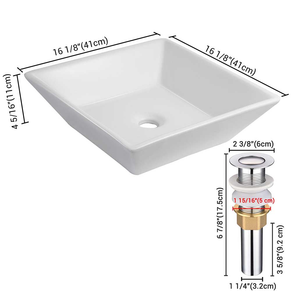 Aquaterior 16 Square Porcelain Bathroom Sink Vanity Vessel w/ Drain