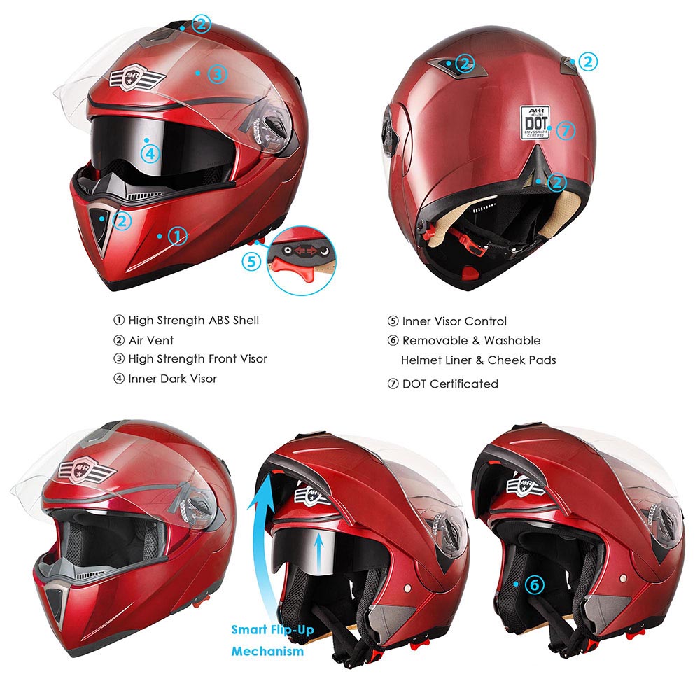 AHR Modular Helmet Flip Up Full Face Dual Visors DOT Red