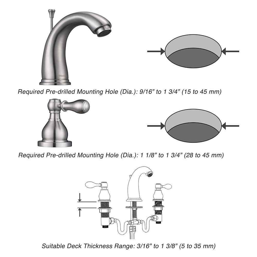 Aquaterior Widespread Faucet w/ Drain 3-Hole 2-Handle Cold Hot 4.7H