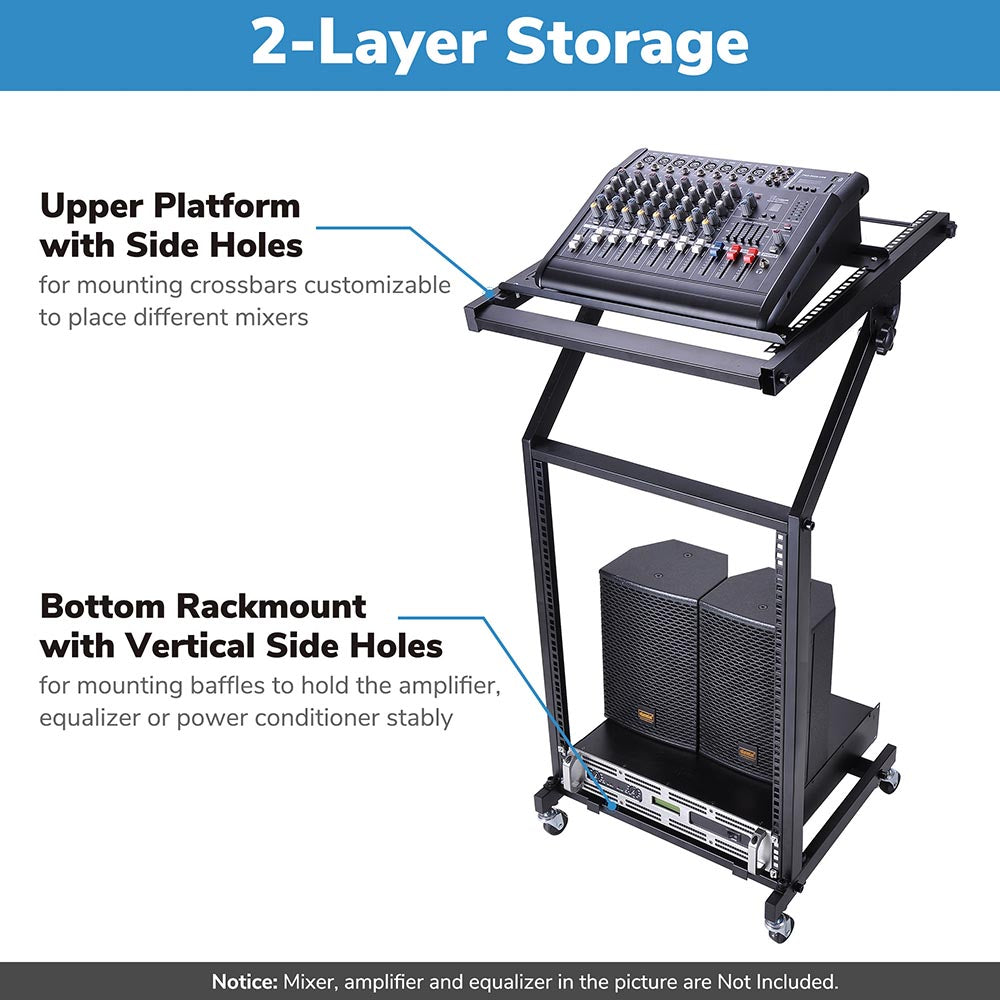 Yescom 19in 16U Stage Rolling Audio Mixer Stand Rack Cart w/ 4 Poles