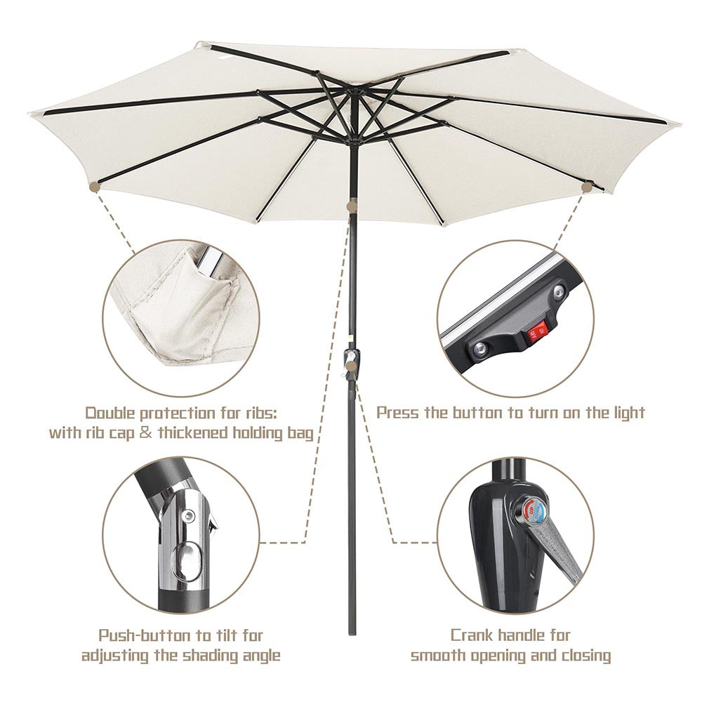 Yescom Solar Umbrella with Lights Tilting Outdoor Umbrella 9ft 8-Rib