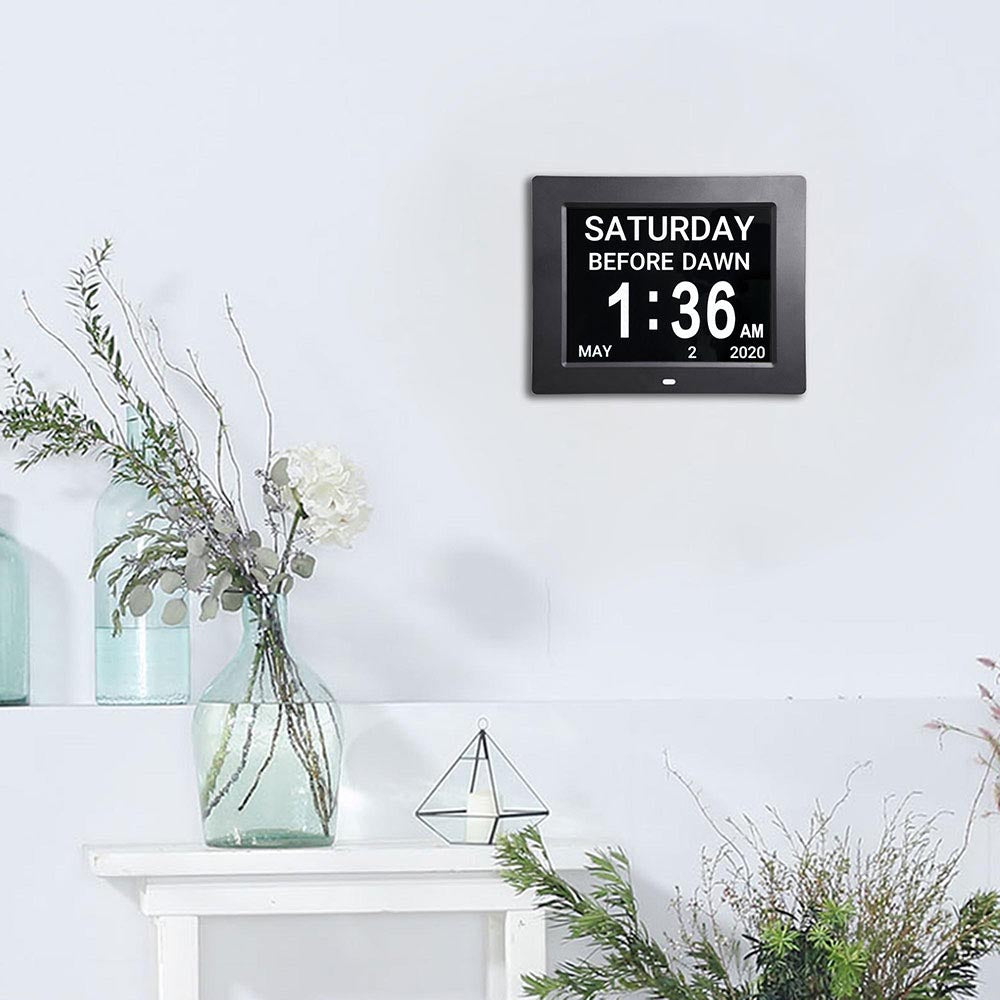 Yescom 8in Large Digital Calendar Day Clock with 6-Alarm Black/White