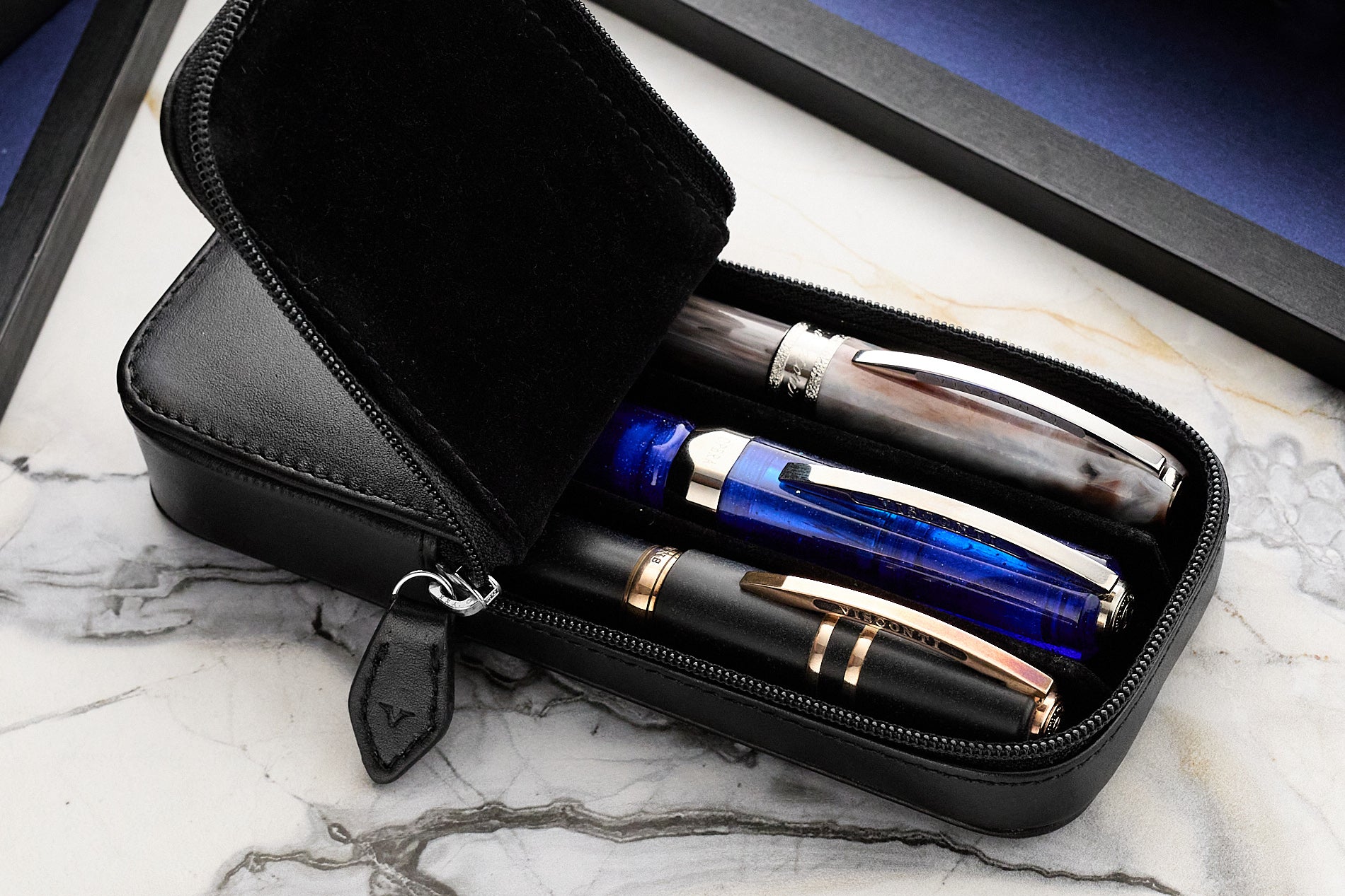 Visconti Leather 3 Pen Case - Black