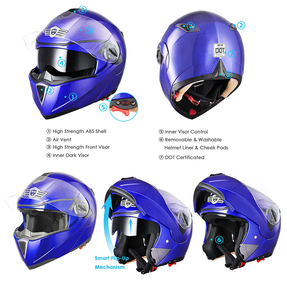 AHR Modular Helmet Flip Up Full Face Dual Visors DOT Blue