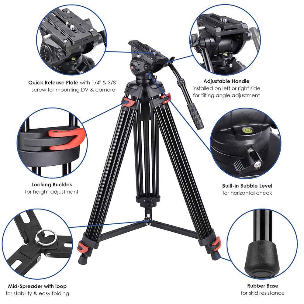 Yescom 71in Adjustable Camera Tripod Kit 3-Height 360 Fluid Head w/ Bag