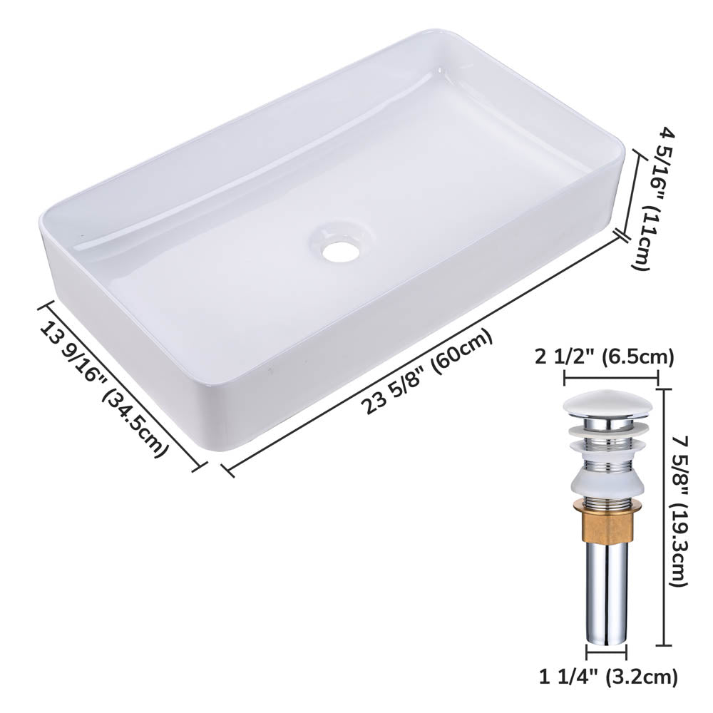 Aquaterior Rectangular Sink Porcelain w/ Drain 23x13