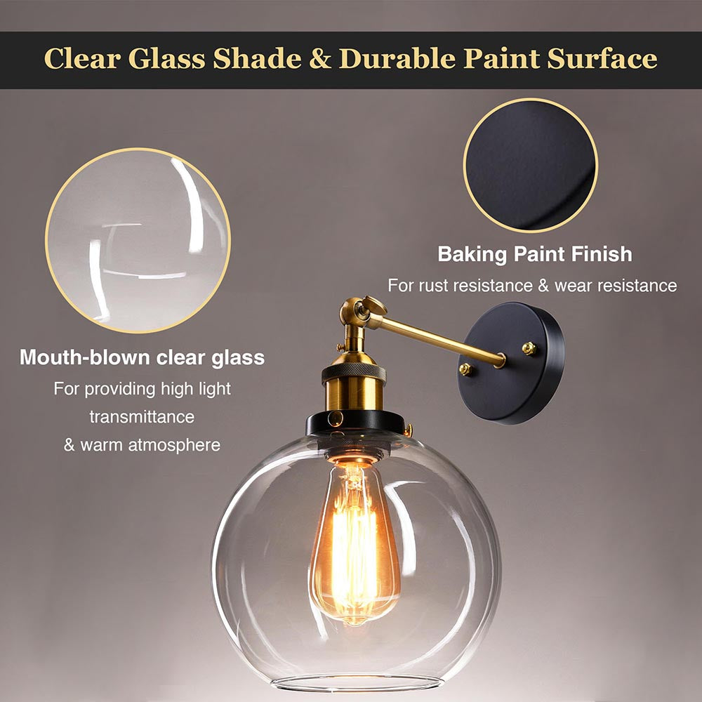 Yescom 8 in Vintage Clear Glass Globe Shade Wall Lamp 1 Light