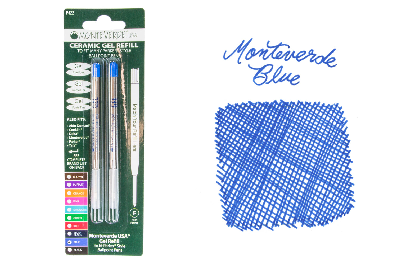 Monteverde Capless Gel P42 Rollerball Refills - Blue, 0.7mm Fine (2-Pack)