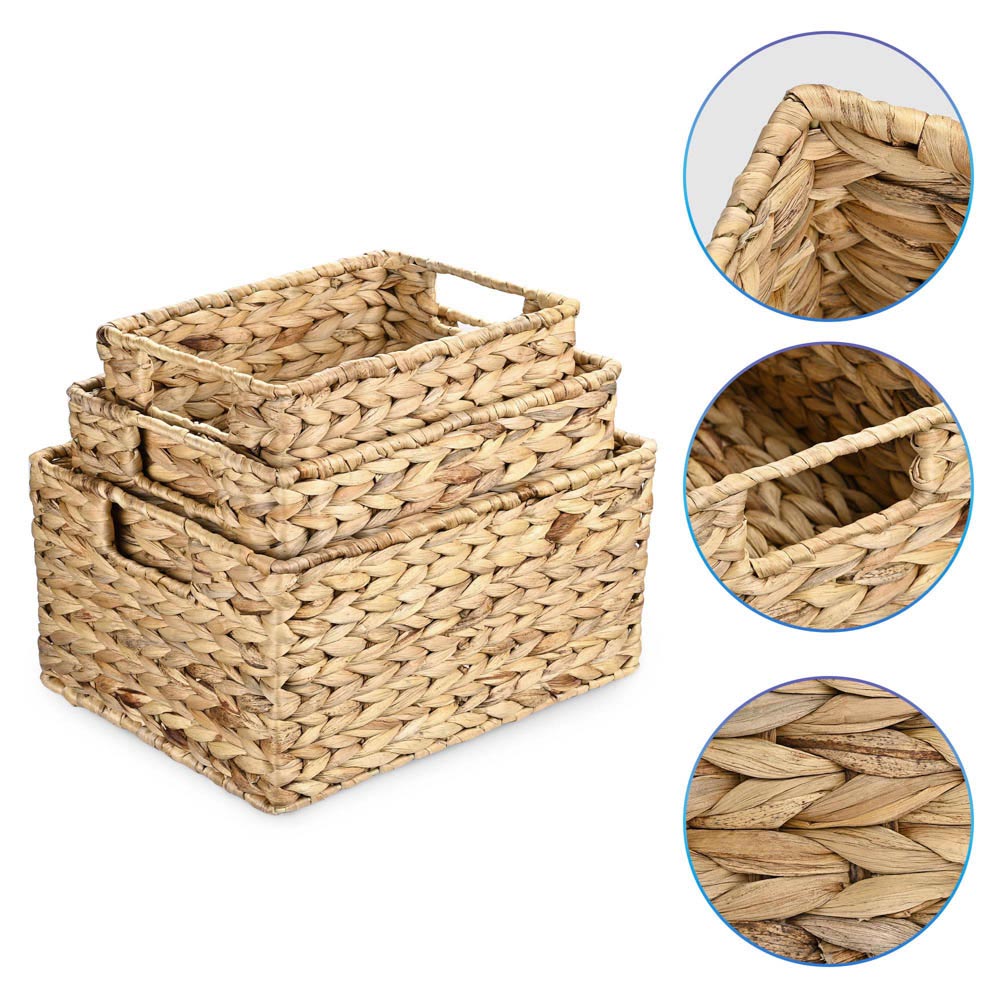 Yescom Wicker Baskets with Handle Water Hyacinth Bins Set of 3