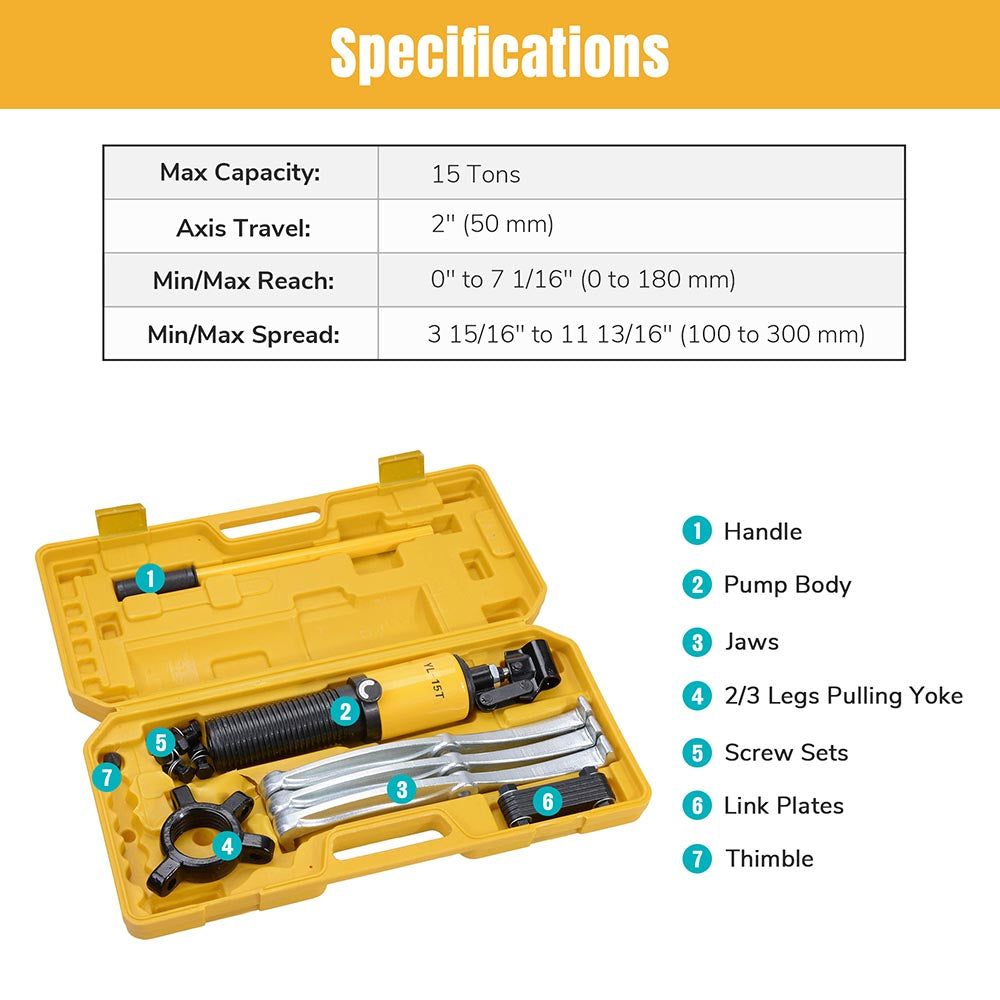 Yescom 3in1 Hydraulic Gear Bearing Puller Set 15 ton 3 Jaws w/ Case