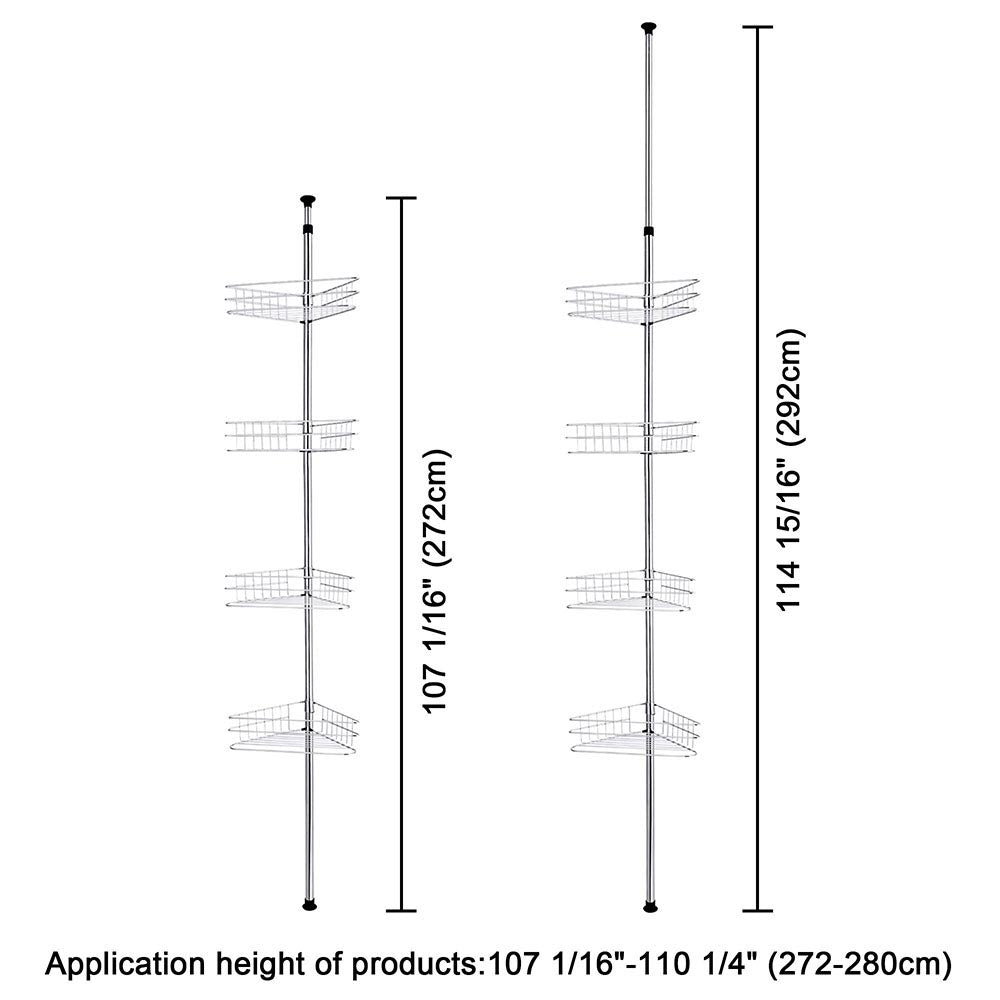 Aquaterior 4 Baskets Bathtub Corner Shower Caddy Adjustable Pole Silver
