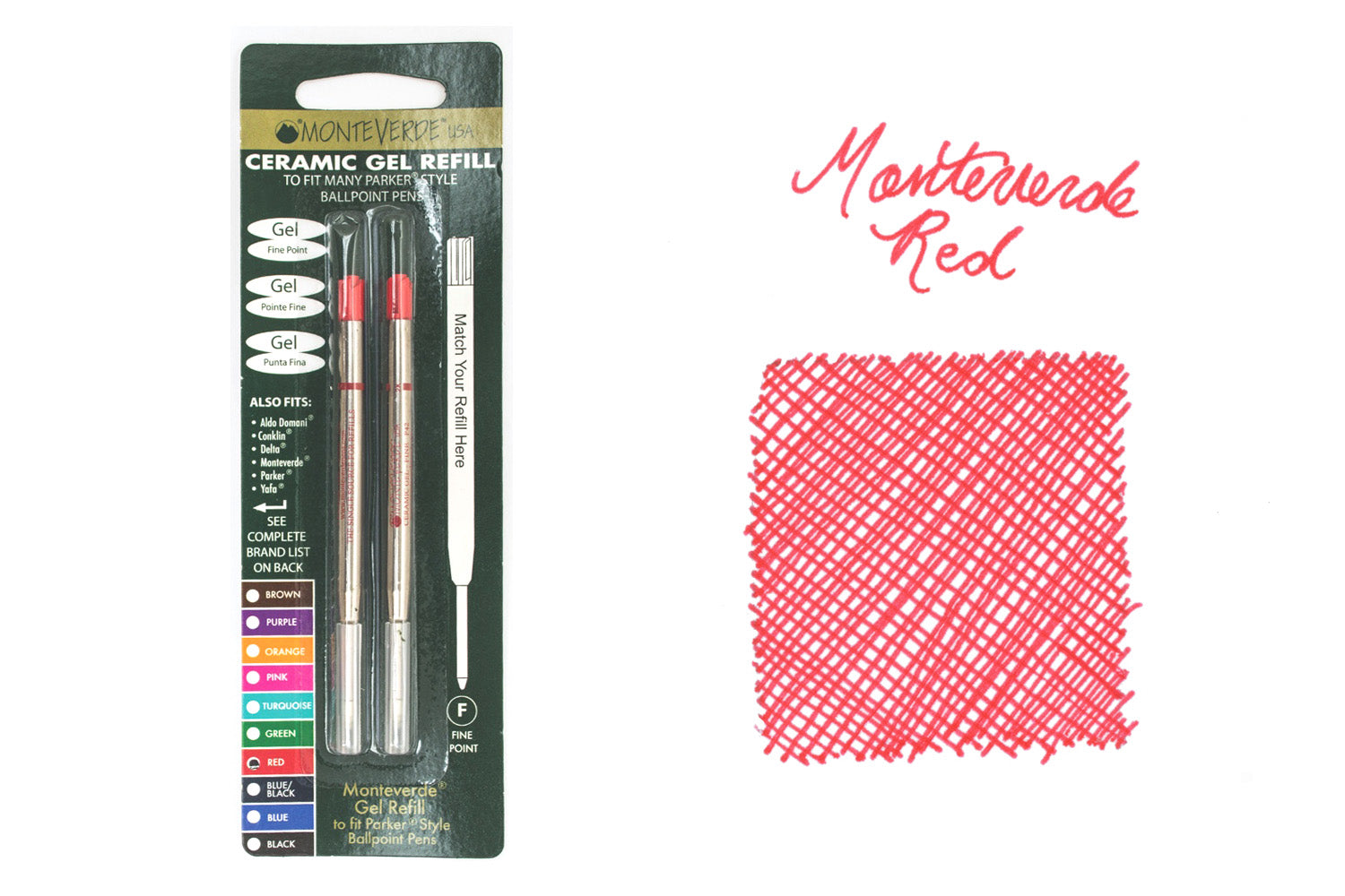 Monteverde Capless Gel P42 Rollerball Refills - Red, 0.7mm Fine (2-Pack)