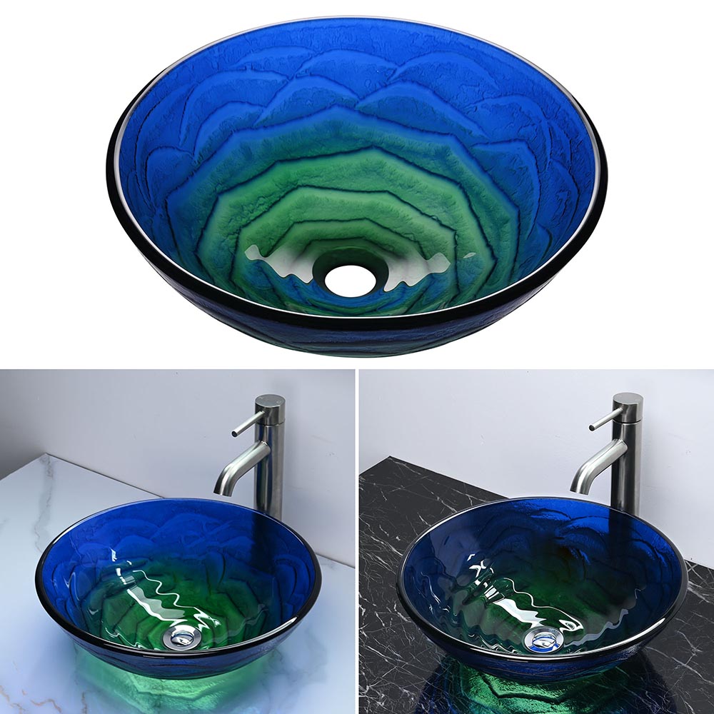 Yescom Round Tempered Glass Bathroom Vanity Sink Blue Green 17