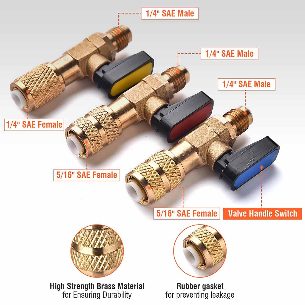 Yescom AC R410A 1/4 Refrigerant Gauges 3 Straight Ball Valves