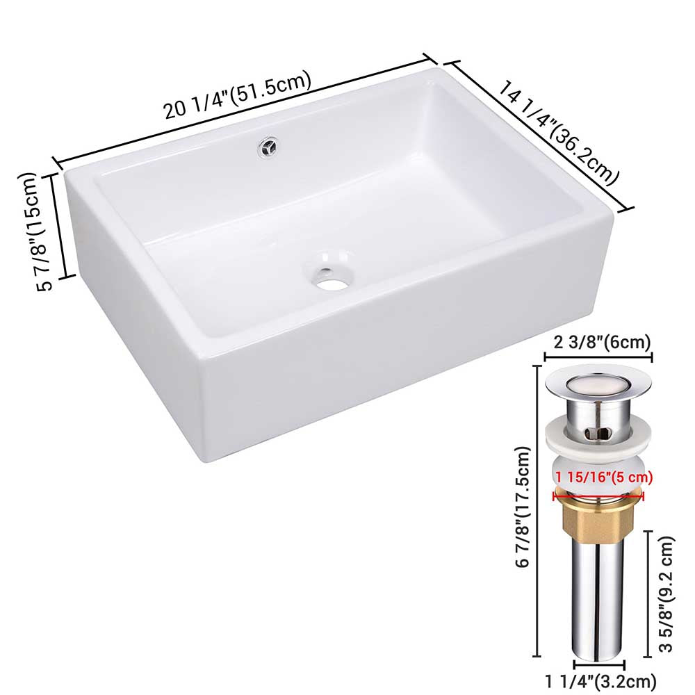 Aquaterior 20 Rectangle Porcelain Bathroom Sink Overflow w/ Drain