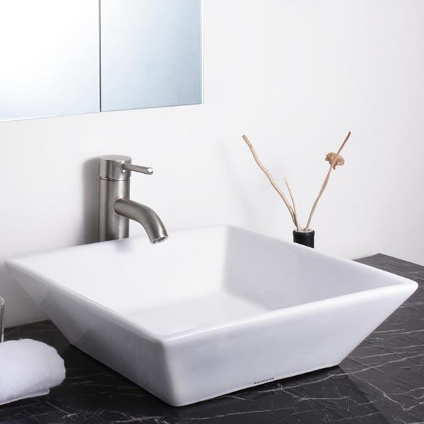 Aquaterior 16 Square Porcelain Bathroom Sink Vanity Vessel w/ Drain