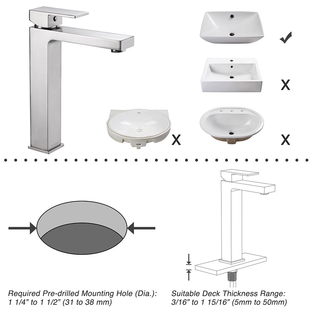 Aquaterior Bathroom Vessel Faucet Square Cold & Hot 10.4H