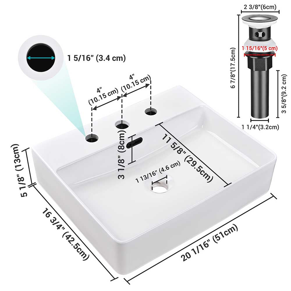 Aquaterior 20x16 Rectangle Bathroom Sink Overflow w/ Drain