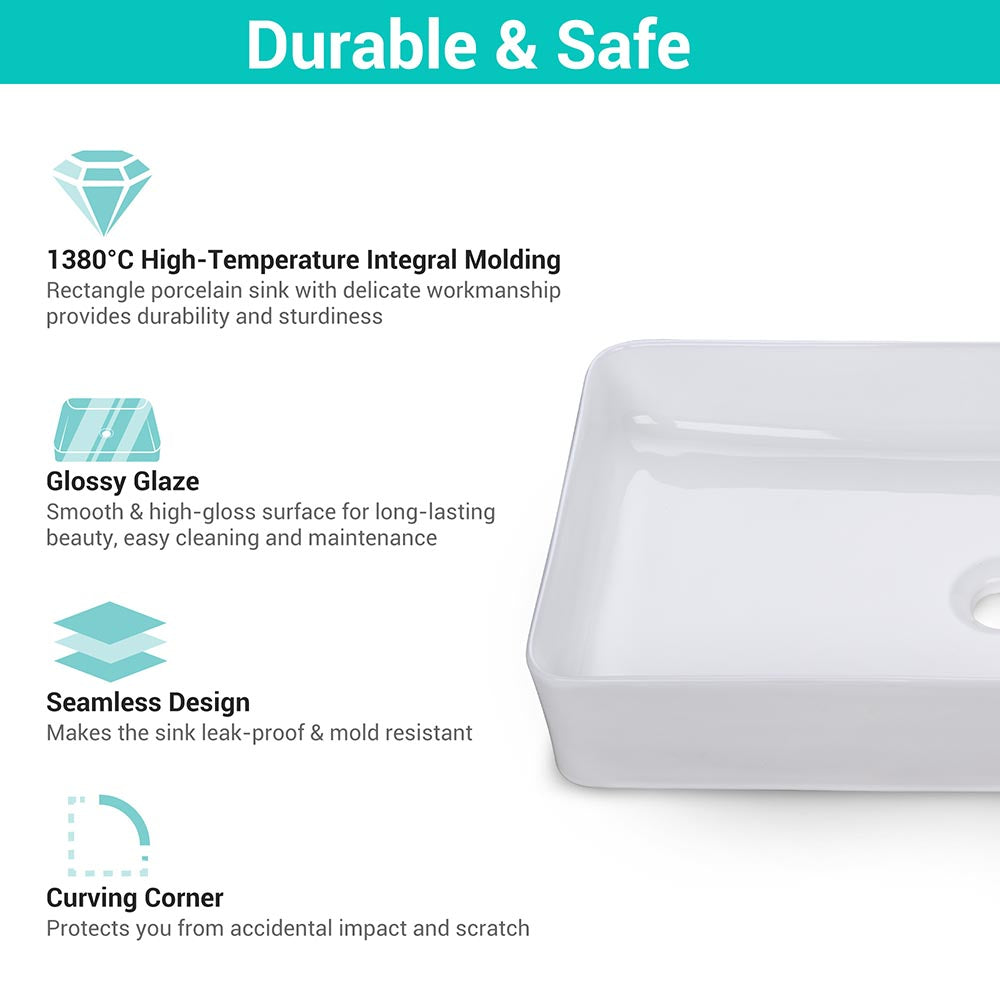 Aquaterior Rectangular Sink Porcelain w/ Drain 23x13